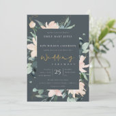 GRAY BLUSH FLORAL WREATH INK WATERVERF WEDING KAART (Staand voorkant)