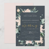 GRAY BLUSH FLORAL WREATH INK WATERVERF WEDING KAART (Voorkant / Achterkant)
