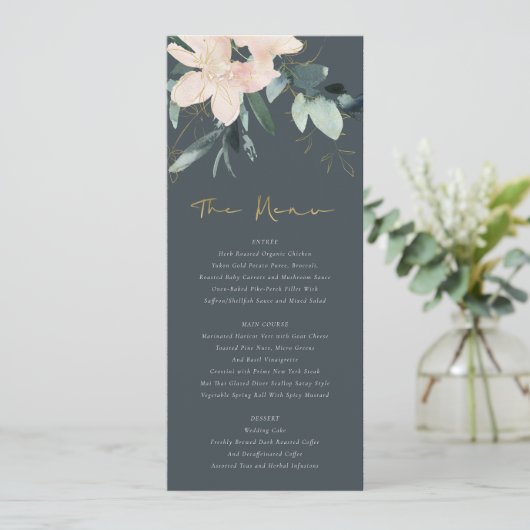 GRAY BLUSH GOLD FLORAL BUNCH WATERVERF WEDING MENU (Staand voorkant)