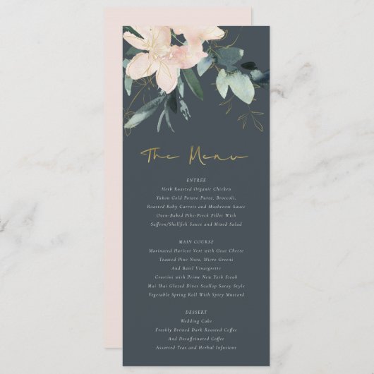 GRAY BLUSH GOLD FLORAL BUNCH WATERVERF WEDING MENU (Voorkant / Achterkant)