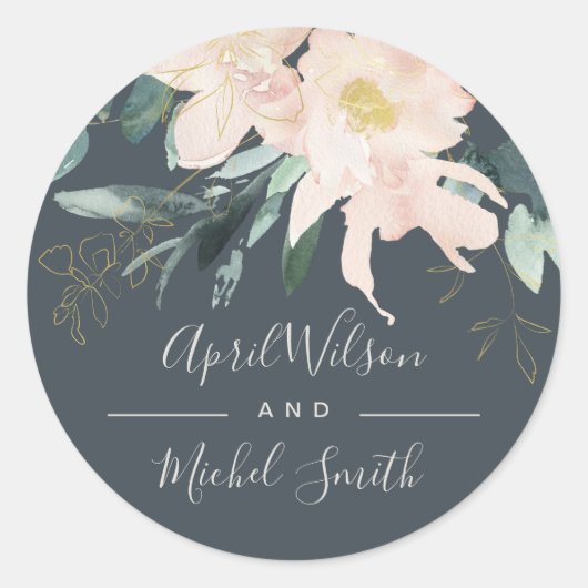 GRAY BLUSH GOLD FLORAL BUNCH WATERVERF WEDING RONDE STICKER (Voorkant)