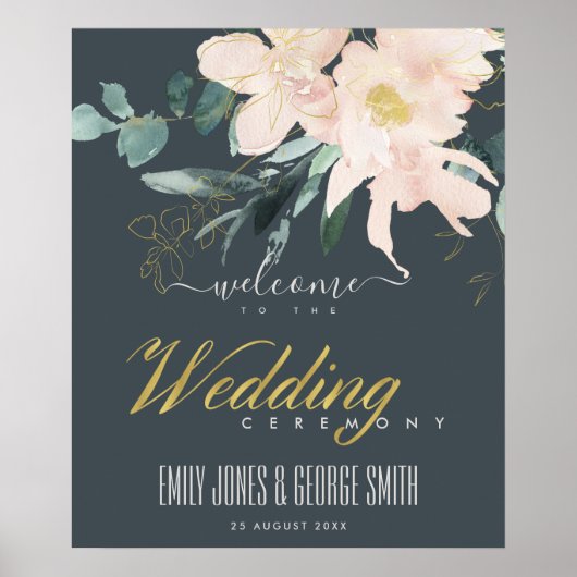 GRAY BLUSH GOLD FLORAL WATERVERF WEDDING WELKOM POSTER (Voorkant)