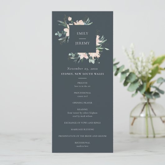 GRAY BLUSH GOLD FLORAL WEDDING CEREMONY PROGRAMMA (Staand voorkant)