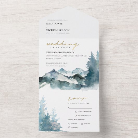 GRAY BLUSH GREEN BLUE MOUNTAINES PINE WEDDING ALL IN ONE UITNODIGING (Binnen)