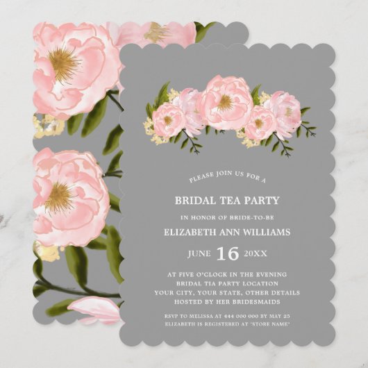 Gray | Blush Pink Peonies Bruids Tea Party Kaart (Voorkant / Achterkant)