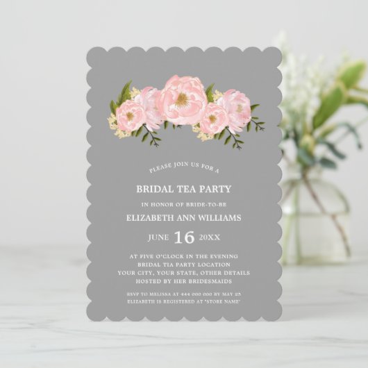 Gray | Blush Pink Peonies Bruids Tea Party Kaart (Staand voorkant)