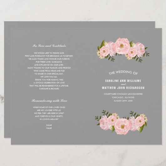 Gray | Blush Pink Pioenrozen Trouwprogramma (Voorkant / Achterkant)