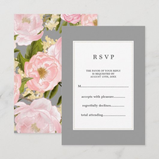 Gray | Blush Roze Pioenen Bruiloft RSVP Kaartje (Voorkant / Achterkant)
