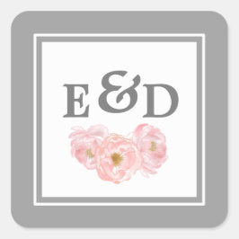 Gray | Blush Roze Pioenen Monogram Bruiloft Vierkante Sticker