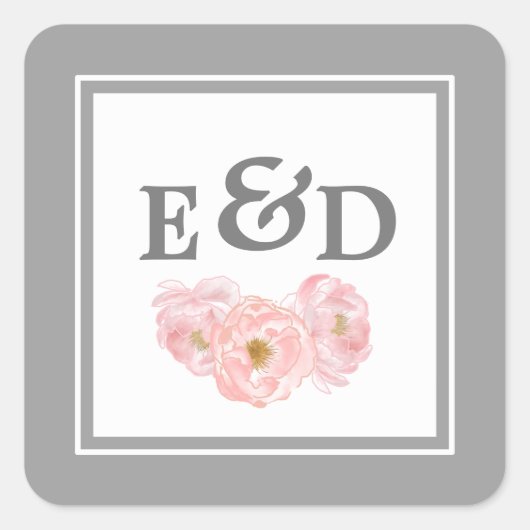 Gray | Blush Roze Pioenen Monogram Bruiloft Vierkante Sticker (Voorkant)