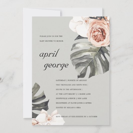 GRAY BLUSH RUST FLORA MONSTRERA BABY SHOWER INVITE BEDANKKAART (Voorkant)
