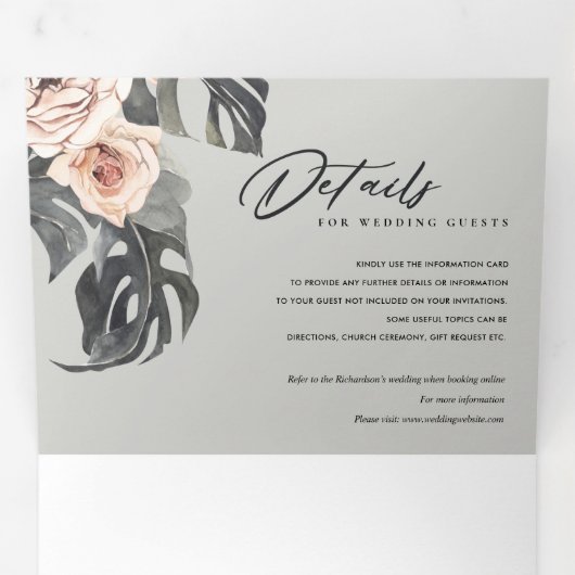 GRAY BLUSH RUST MONSTERA FLORA WATERVERF WEDING DRIELUIK UITNODIGING (Binnenzijde eerst)