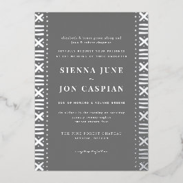 Gray Boho Mudcloth Border Silver Foil Uitnodiging