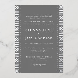 Gray Boho Mudcloth Border Silver Foil Uitnodiging