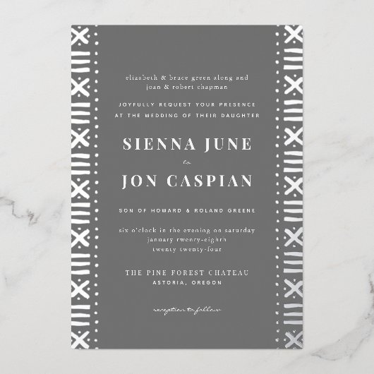 Gray Boho Mudcloth Border Silver Foil Uitnodiging (Voorkant)