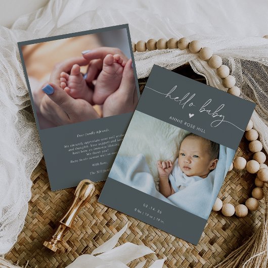 Gray Boho Photo Hello Baby Announcement Card Kaart