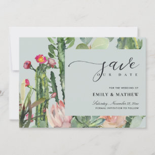 GRAY BOHO PINK DESERT CACTUS FLORAL WATERVERF SAVE THE DATE
