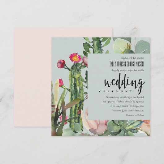 GRAY BOHO PINK FLORAL DESERT CACTI FOLIAGE WEDDING KAART (Voorkant / Achterkant)