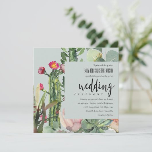 GRAY BOHO PINK FLORAL DESERT CACTI FOLIAGE WEDDING KAART (Staand voorkant)