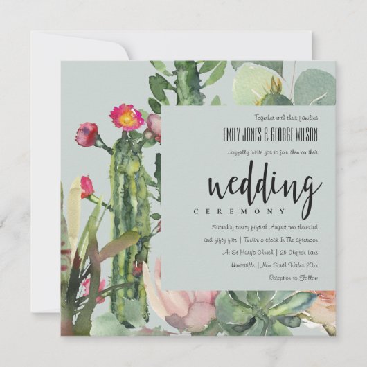 GRAY BOHO PINK FLORAL DESERT CACTI FOLIAGE WEDDING KAART (Voorkant)