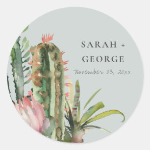 GRAY BOHO PINK FLORAL DESERT CACTI FOLIAGE WEDDING RONDE STICKER