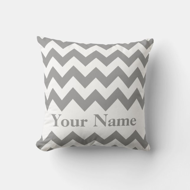 Gray Bold Chevron met monogram Kussen (Voorkant)