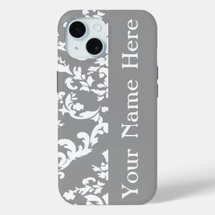 Gray Bold Damask met naam @ Emporiomoffa iPhone 15 Case