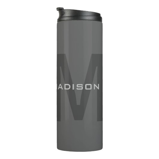 Gray Bold Monogram Modern Minimalist Name Initiale Thermosbeker (Geroteerd rechts)