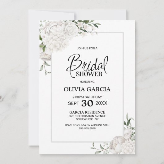 Gray Border White Floral Bridal Shower Invitation Kaart (Voorkant)
