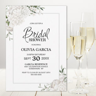 Gray Border White Floral Bridal Shower Invitation Kaart