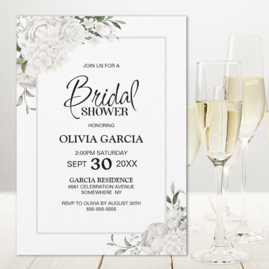 Gray Border White Floral Bridal Shower Invitation Kaart