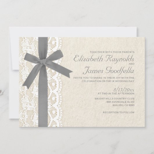 Gray Bow & Lace Wedding Invitations Kaart (Voorkant)