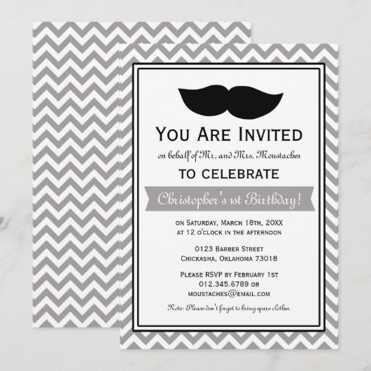 Gray Boy Mustache Chevron Birthday Party Kaart (Voorkant / Achterkant)