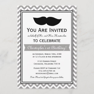Gray Boy Mustache Chevron Birthday Party Kaart