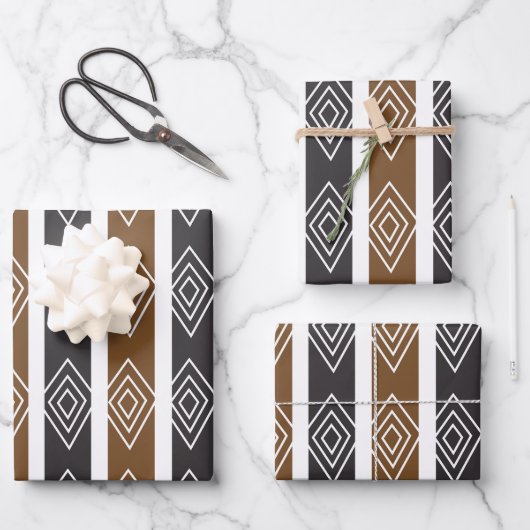 Gray Brown Geometric Diamond Stripes Inpakpapier Vel (Voorkant)