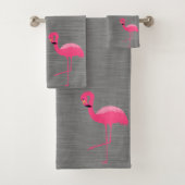 GRAY BRUSHED TEXTURE FLAMINGO BATHROOM TOWEL SET BAD HANDDOEK (Insitu)