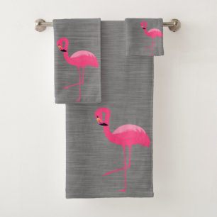 GRAY BRUSHED TEXTURE FLAMINGO BATHROOM TOWEL SET BAD HANDDOEK