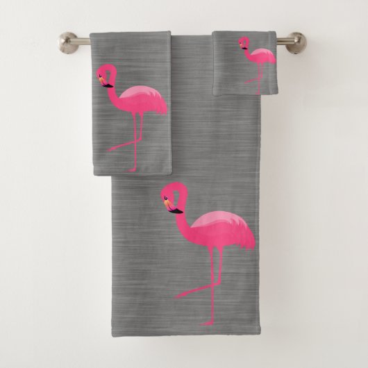 GRAY BRUSHED TEXTURE FLAMINGO BATHROOM TOWEL SET BAD HANDDOEK (Insitu)