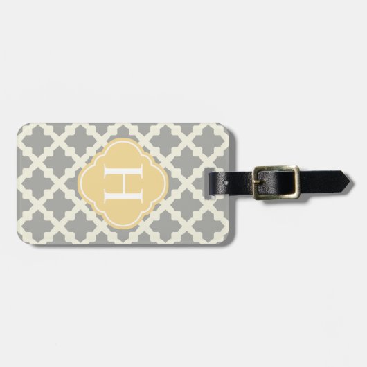 Gray & Buff Modern Moroccan Quatrefoil Monogram Bagagelabel (Voorkant horizontaal)