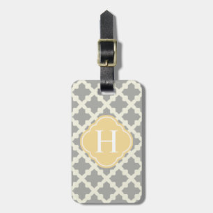 Gray & Buff Modern Moroccan Quatrefoil Monogram Bagagelabel