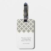 Gray & Buff Modern Moroccan Quatrefoil Monogram Bagagelabel (Achterkant verticaal)
