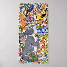 Gray Bunny Rabbit Jacobean Floral Bird Tegel Poste Poster