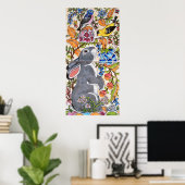 Gray Bunny Rabbit Jacobean Floral Bird Tegel Poste Poster (Thuiskantoor)