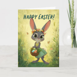 Gray Bunny Wearing Flower-Crown w/ Easter Basket Kaart