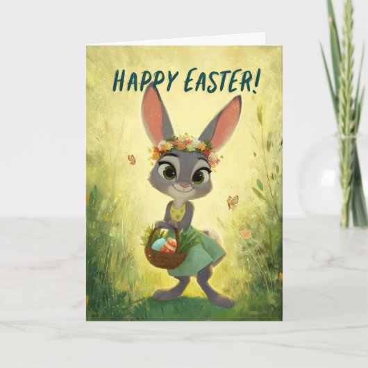 Gray Bunny Wearing Flower-Crown w/ Easter Basket Kaart (Voorkant)