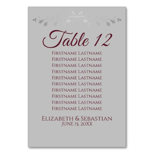 Gray & Burgundy Simple Wedding Seating Chart Kaart (Achterkant)