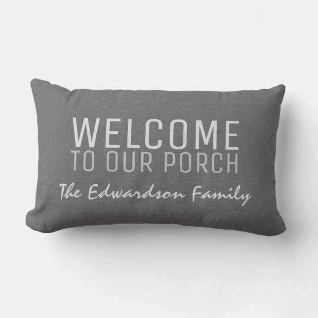 Gray burlap Welkom bij onze naam van de Porch Fami Buitenkussen (Voorkant)