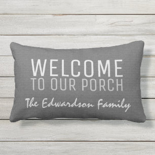 Gray burlap Welkom bij onze naam van de Porch Fami Buitenkussen