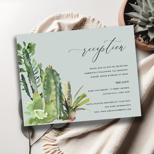 GRAY CACTI FOLIAGE WATERVERF WEDDING RECEPT INFORMATIEKAARTJE
