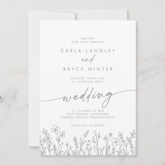 Gray Calligraphy Wildflower Front and Back Wedding Kaart (Voorkant)
